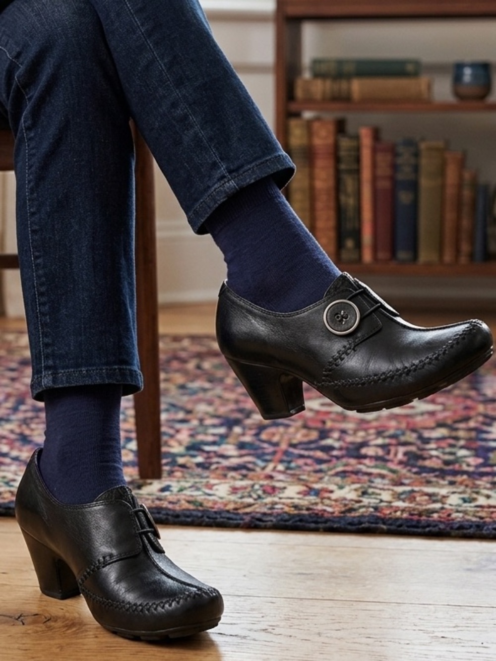 Clarks Black Leather Button Strap Heels
